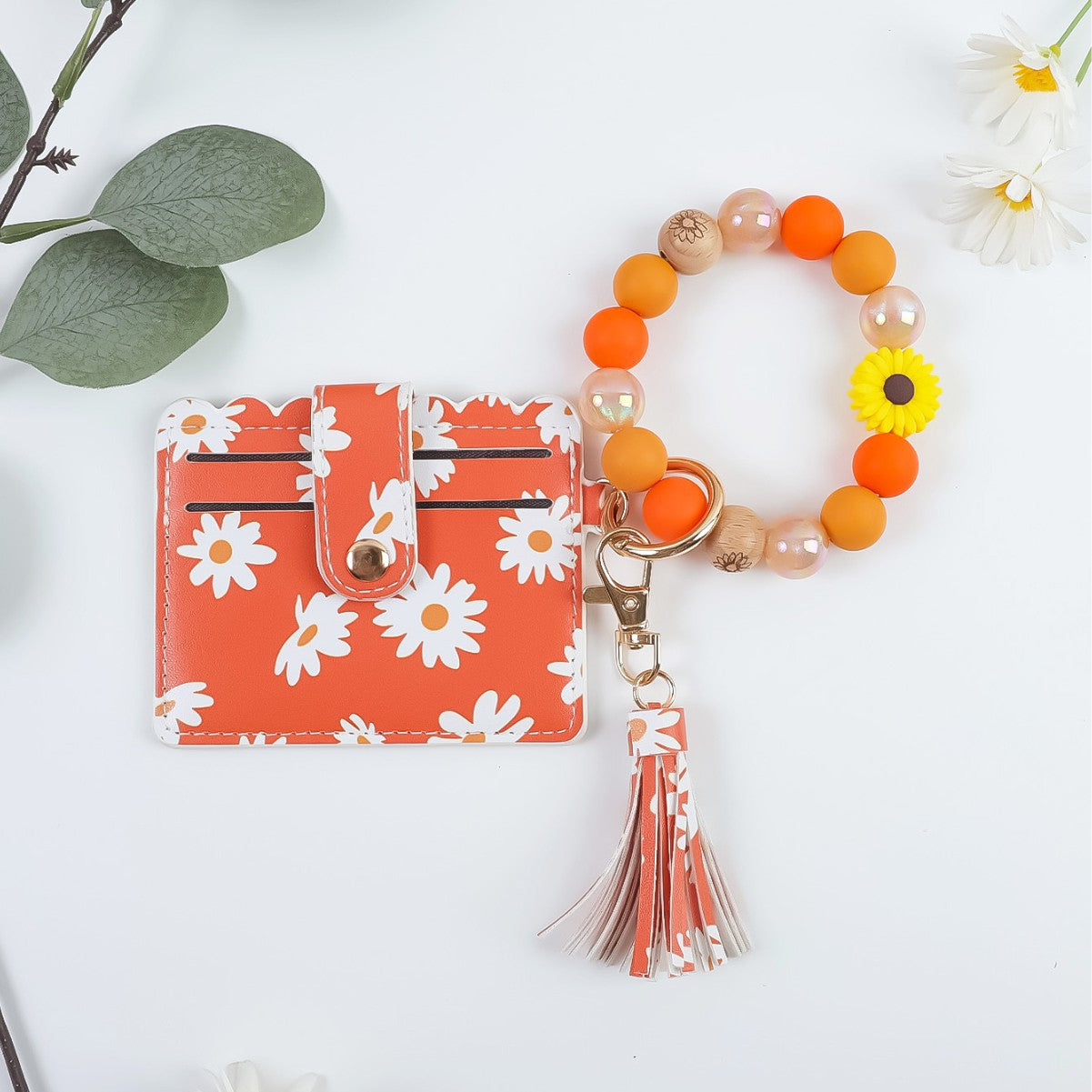 Wholesale Cute  Print Beaded Bracelet Keychain PU Leather Tassel Card Holder Pendant